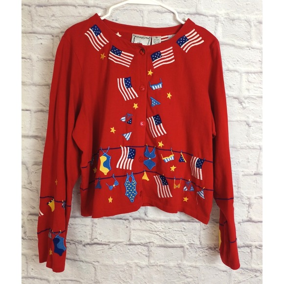 Michael Simon Sweaters - VTG Michael Simon SZ M Patriotic Cardigan USA Flag Bathing Suit Novelty Sweater